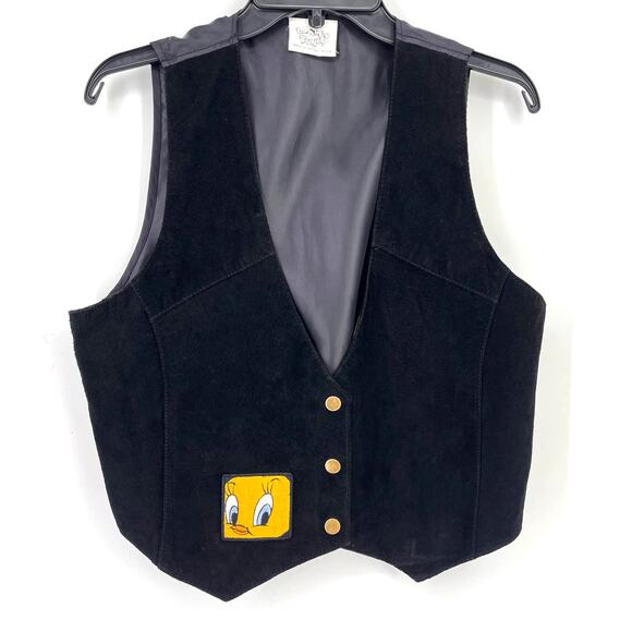 Looney Tunes Tweety Bird Patch Suede Front Black Vest Womens Size M/L Y2K - Picture 1 of 5